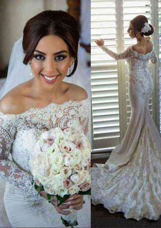 Chic Trumpet/Mermaid Lace Wedding Dress with Off-The-Shoulder Neckline and Pleated Court Train BM bride