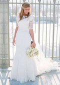 Elegant Bateau Neckline Sheath/Column Lace Wedding Dress with Long/Floor-Length Skirt BM bride