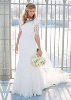 Elegant Bateau Neckline Sheath/Column Lace Wedding Dress with Long/Floor-Length Skirt BM bride