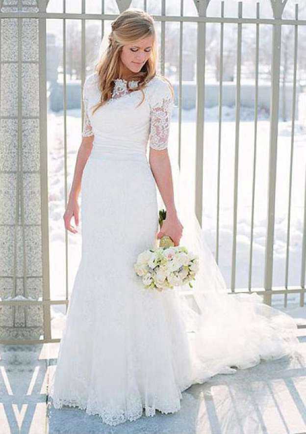 Elegant Bateau Neckline Sheath/Column Lace Wedding Dress with Long/Floor-Length Skirt BM bride