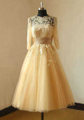 Charming Tea-Length A-Line/Princess Tulle Wedding Dress with Bateau Neckline and Delicate Appliqueds BM bride