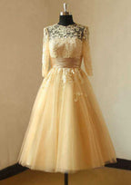 Charming Tea-Length A-Line/Princess Tulle Wedding Dress with Bateau Neckline and Delicate Appliqueds BM bride