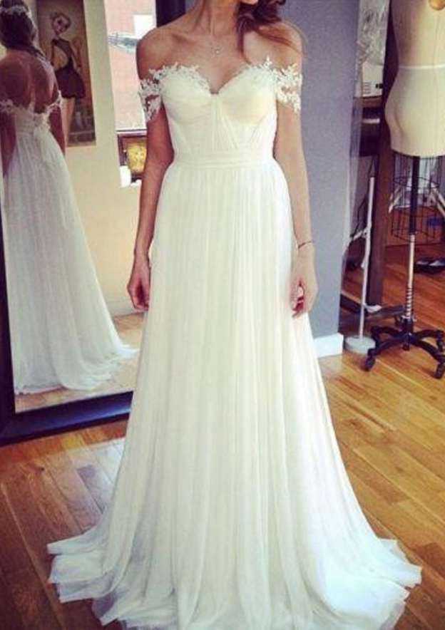 Elegant Appliqued Tulle A-Line Wedding Dress with Off-the-Shoulder Neckline and Sweep Train BM bride