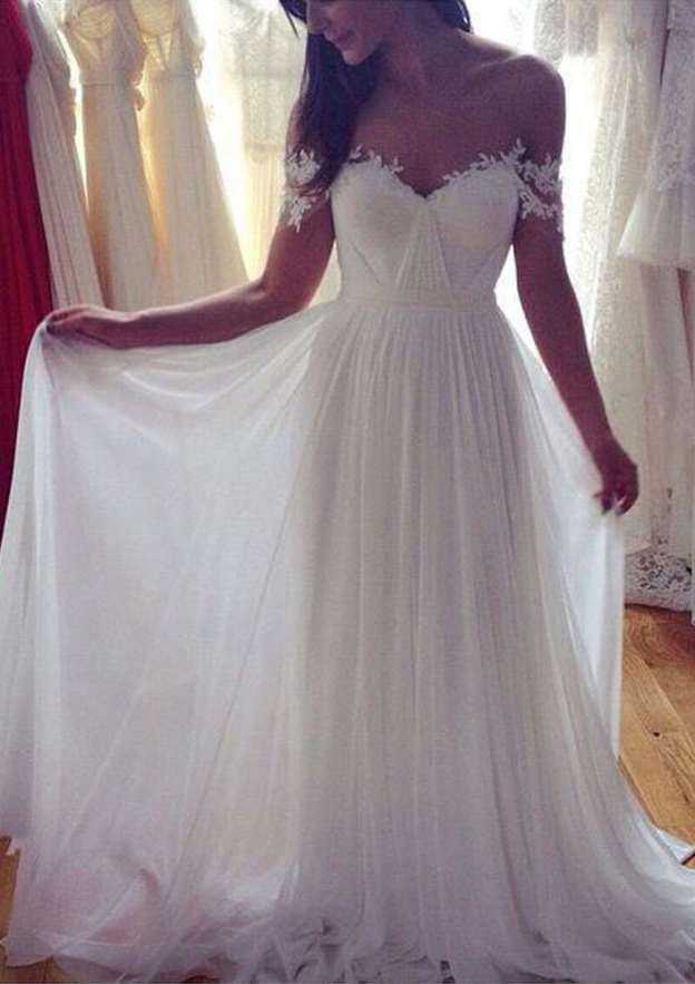 Elegant Appliqued Tulle A-Line Wedding Dress with Off-the-Shoulder Neckline and Sweep Train BM bride