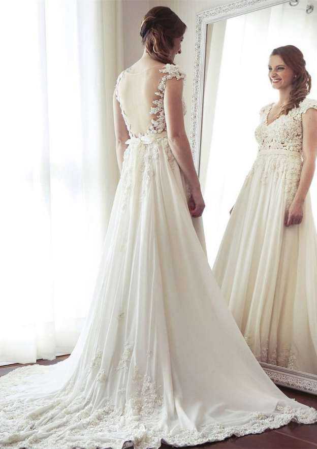 Beautiful Chiffon A-Line/Princess V-Neck Court Train Wedding Dress with Lace Details BM bride