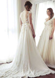 Beautiful Chiffon A-Line/Princess V-Neck Court Train Wedding Dress with Lace Details BM bride