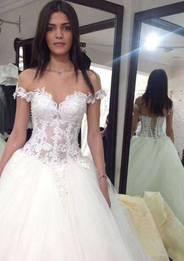 Elegant Lace Off-The-Shoulder Tulle A-Line/Princess Wedding Dress with Court Train BM bride