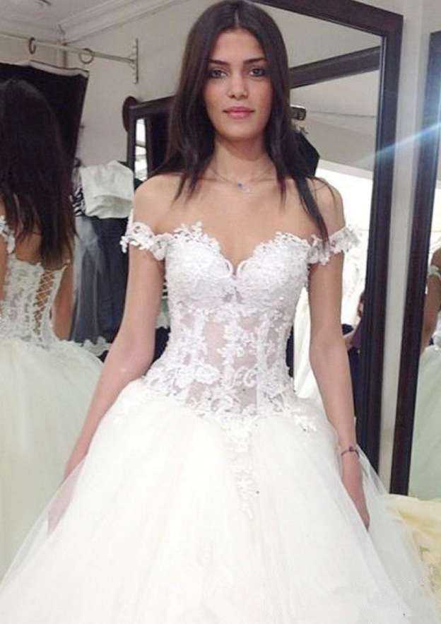Elegant Lace Off-The-Shoulder Tulle A-Line/Princess Wedding Dress with Court Train BM bride