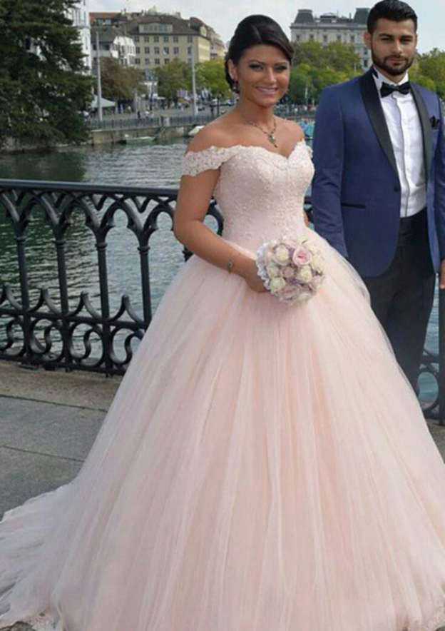 Sophisticated Off-the-Shoulder Lace Ball Gown Wedding Dress with Sweep Train BM bride