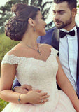 Sophisticated Off-the-Shoulder Lace Ball Gown Wedding Dress with Sweep Train BM bride