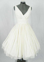 Charming Knee-Length A-Line/Princess Chiffon Wedding Dress with V-Neckline and Pleated Details BM bride