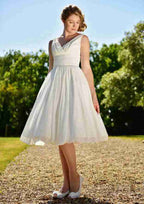 Charming Knee-Length A-Line/Princess Chiffon Wedding Dress with V-Neckline and Pleated Details BM bride