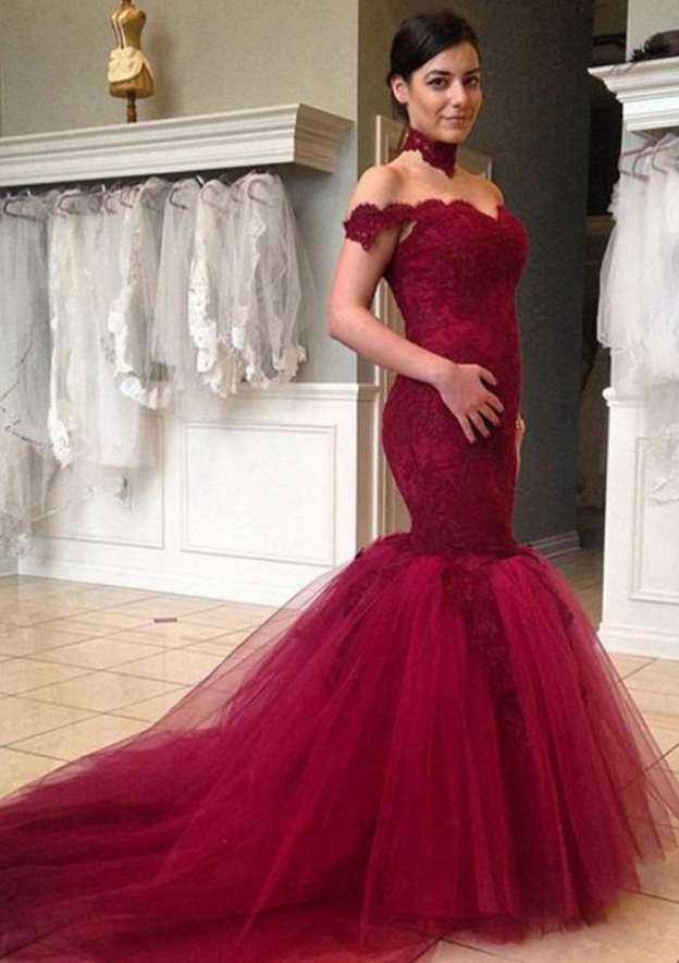 Romantic Off-the-Shoulder Court Train Tulle Wedding Dress with Intricate Lace Details and Flattering Trumpet/Mermaid Shape BM bride