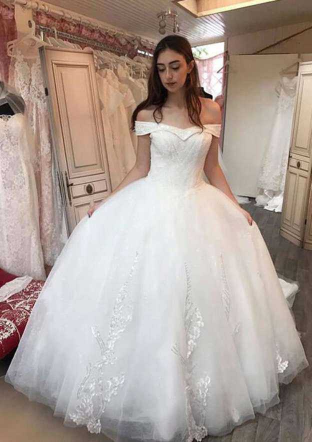 Charming Ball Gown Tulle Wedding Dress with Off-the-Shoulder Cathedral Train and Delicate Appliqued BM bride