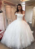 Charming Ball Gown Tulle Wedding Dress with Off-the-Shoulder Cathedral Train and Delicate Appliqued BM bride