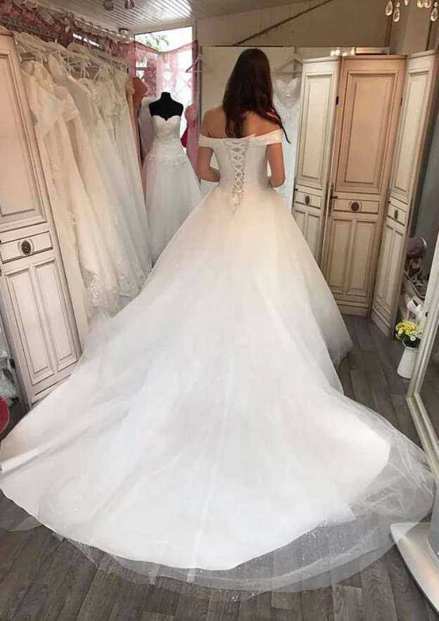 Charming Ball Gown Tulle Wedding Dress with Off-the-Shoulder Cathedral Train and Delicate Appliqued BM bride