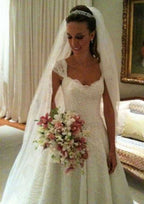 Timeless Square Neckline Sleeveless A-Line/Princess Lace Court Train Wedding Dress with Zipper and Appliqueds BM bride