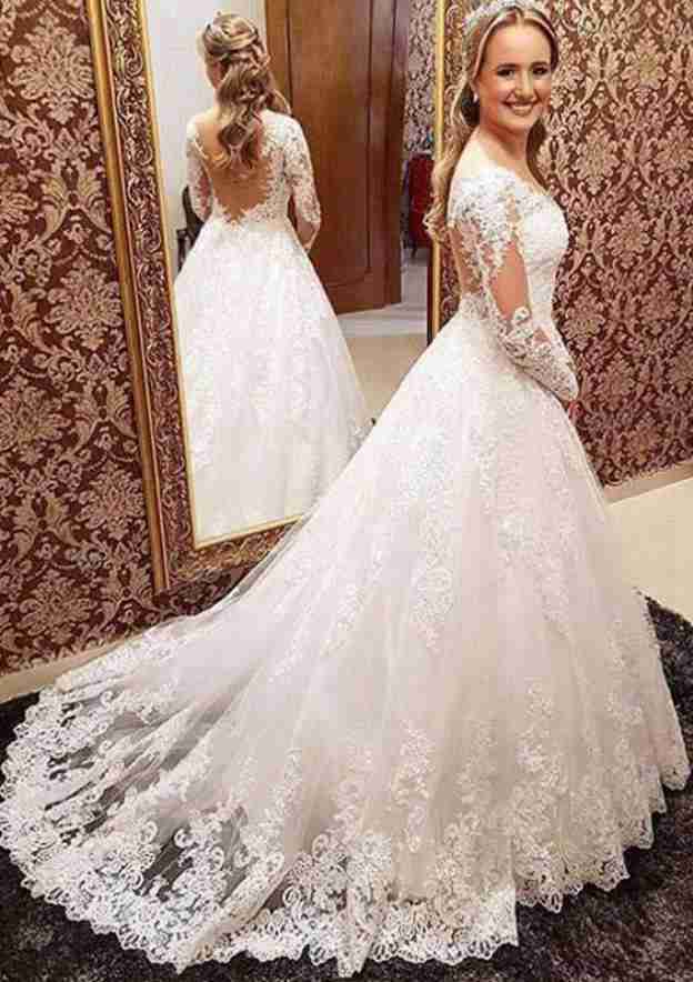 Charming A-Line/Princess Lace Wedding Dress with Graceful Court Train BM bride