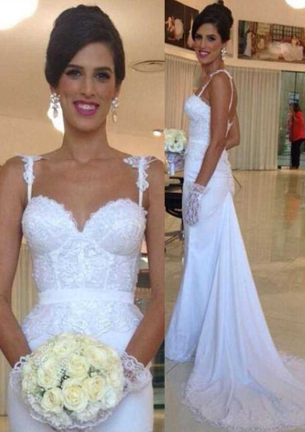 Classic Sheath/Column Lace Wedding Dress with Sweetheart Neckline and Elegant Court Train BM bride