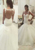 Beautiful Sheath/Column Tulle Wedding Dress with Sweetheart Neckline and Court Train with Appliqueds BM bride