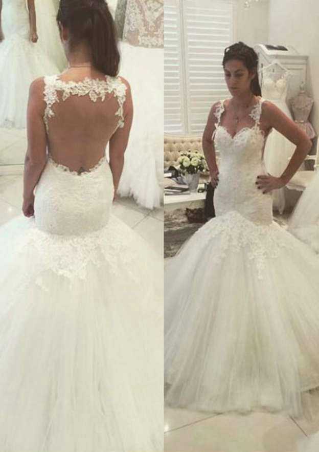 Beautiful Sheath/Column Tulle Wedding Dress with Sweetheart Neckline and Court Train with Appliqueds BM bride