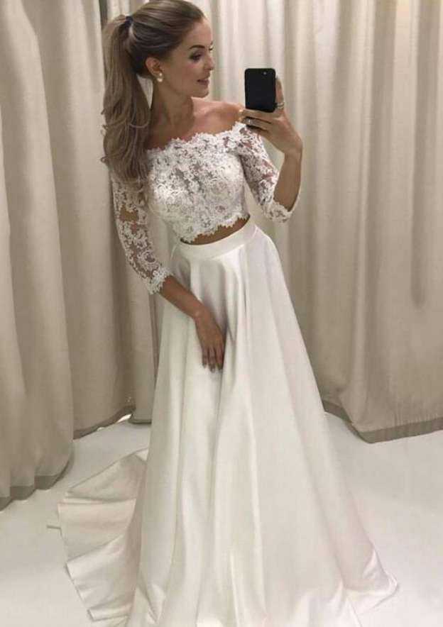 Elegant Satin A-Line Wedding Dress with Off-the-Shoulder Neckline and Lace Accents BM bride