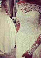 Timeless A-Line/Princess Satin Wedding Dress with Bateau Neckline and Appliqued Court Train BM bride