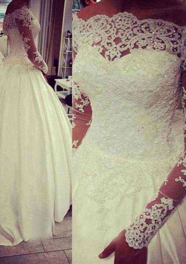 Timeless A-Line/Princess Satin Wedding Dress with Bateau Neckline and Appliqued Court Train BM bride