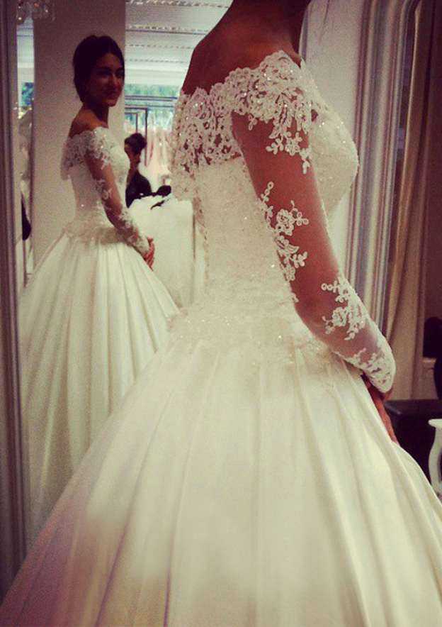 Timeless A-Line/Princess Satin Wedding Dress with Bateau Neckline and Applique Court Train BM bride