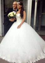 Elegant Beaded Lace Strapless Ball Gown Wedding Dress with Classic Court Train BM bride