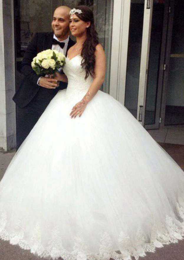 Elegant Beaded Lace Strapless Ball Gown Wedding Dress with Classic Court Train BM bride