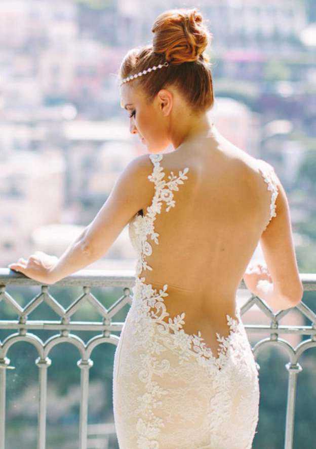 Sophisticated Trumpet/Mermaid Lace Wedding Dress with Sweetheart Neckline and Elegant Court Train with Appliqueds BM bride