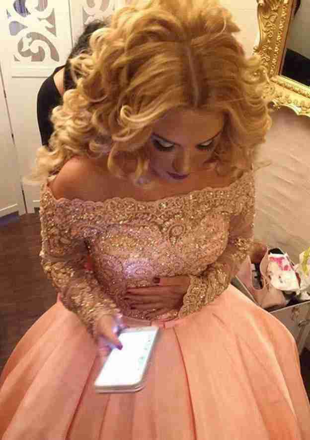 Romantic Off-the-Shoulder Long/Floor-Length Satin Wedding Dress with Beaded Embellishments in A-Line/Princess Shape BM bride