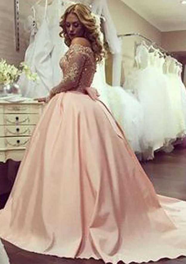 Romantic Off-the-Shoulder Long/Floor-Length Satin Wedding Dress with Beaded Embellishments in A-Line/Princess Shape BM bride