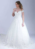 Charming Off-the-Shoulder Lace Ball Gown Tulle Wedding Dress with Flowing Sweep Train BM bride