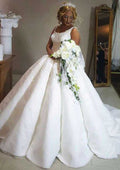 Regal Scoop Neck Satin Ball Gown Wedding Dress with Delicate Appliques and Majestic Court Train Design BM bride