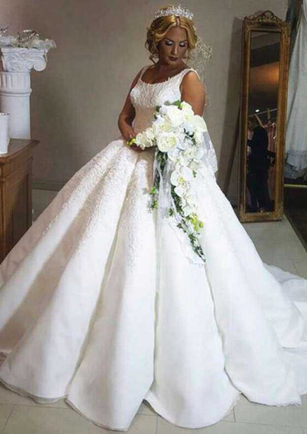 Regal Scoop Neck Satin Ball Gown Wedding Dress with Delicate Appliques and Majestic Court Train Design BM bride