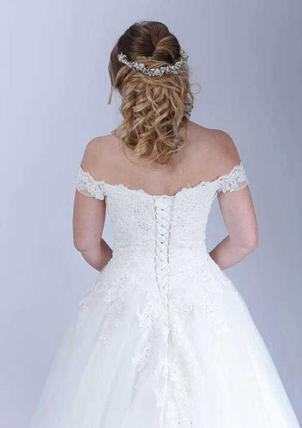 Charming Off-the-Shoulder Lace Ball Gown Tulle Wedding Dress with Flowing Sweep Train BM bride