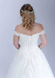 Charming Off-the-Shoulder Lace Ball Gown Tulle Wedding Dress with Flowing Sweep Train BM bride