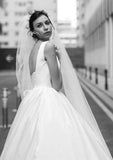 Sophisticated Satin Ball Gown Wedding Dress with Classic Square Neckline and Majestic Cathedral Train BM bride