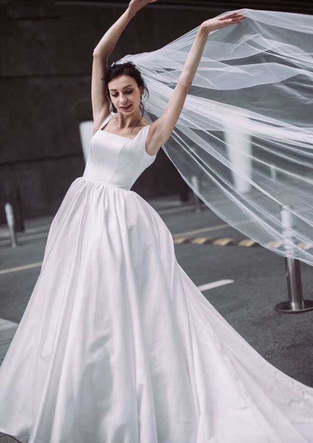 Sophisticated Satin Ball Gown Wedding Dress with Classic Square Neckline and Majestic Cathedral Train BM bride