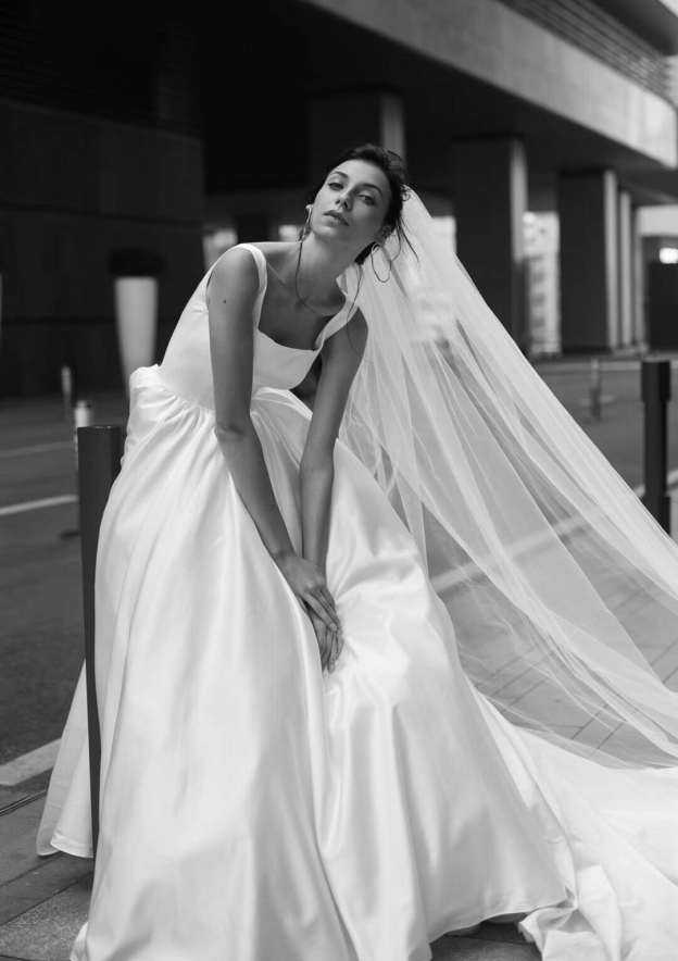 Sophisticated Satin Ball Gown Wedding Dress with Classic Square Neckline and Majestic Cathedral Train BM bride