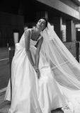 Sophisticated Satin Ball Gown Wedding Dress with Classic Square Neckline and Majestic Cathedral Train BM bride