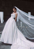 Sophisticated Satin Ball Gown Wedding Dress with Classic Square Neckline and Majestic Cathedral Train BM bride