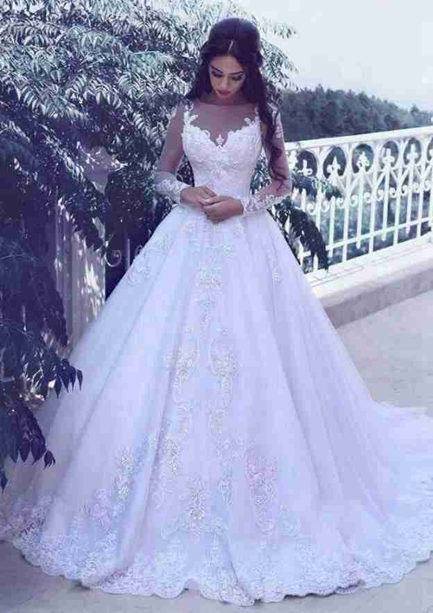 Beaded Lace A-Line Wedding Dress with Bateau Neckline and Chic Court Train BM bride