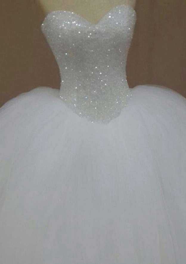 Elegant Beaded Tulle Ball Gown Wedding Dress with Strapless Bodice and Court Train BM bride