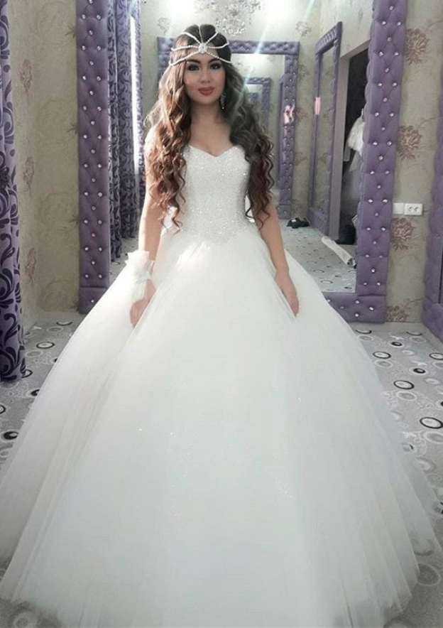 Elegant Beaded Tulle Ball Gown Wedding Dress with Strapless Bodice and Court Train BM bride