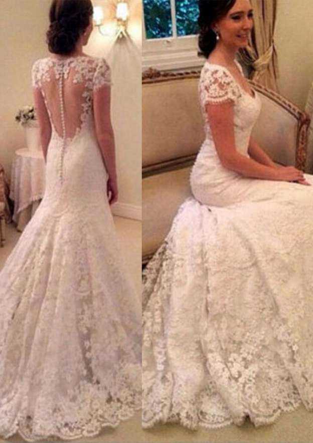 Elegant Sheath/Column Lace Wedding Dress with Short Sleeves, Pleated Court Train, and Waistband BM bride