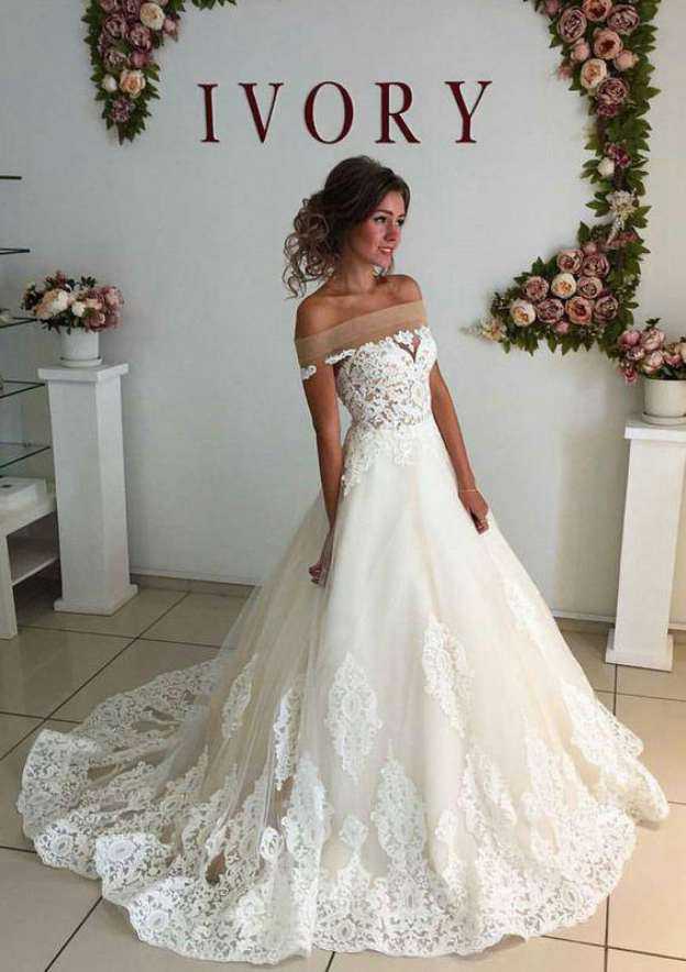 Charming Tulle Wedding Dress: A-Line Off-the-Shoulder with Court Train and Lace Details BM bride