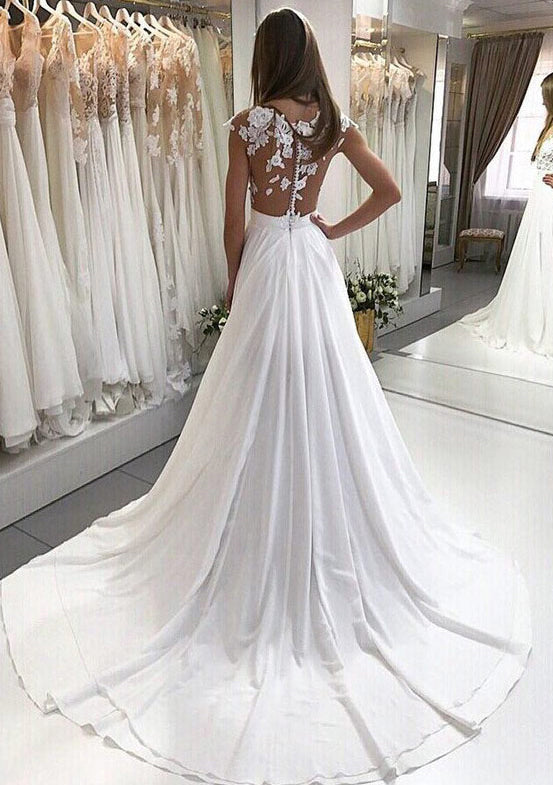 Appliqued Chiffon A-Line Wedding Dress with Bateau Neckline and Court Train BM bride
